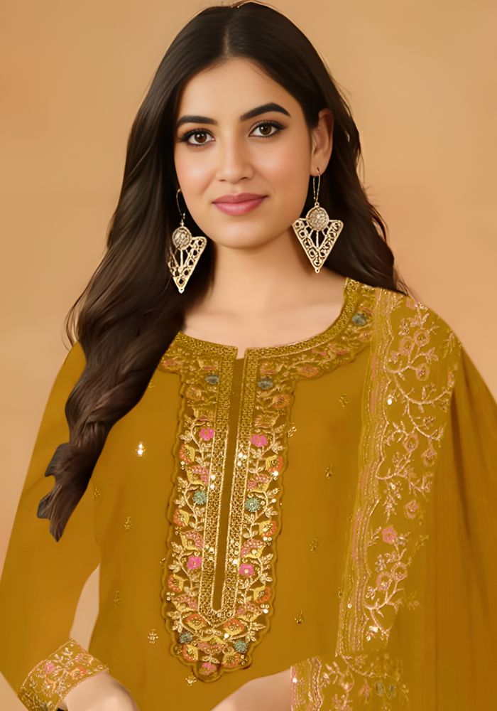 Embroidered Georgette Ceremonial Salwar Kameez Yellow Color - Image 2