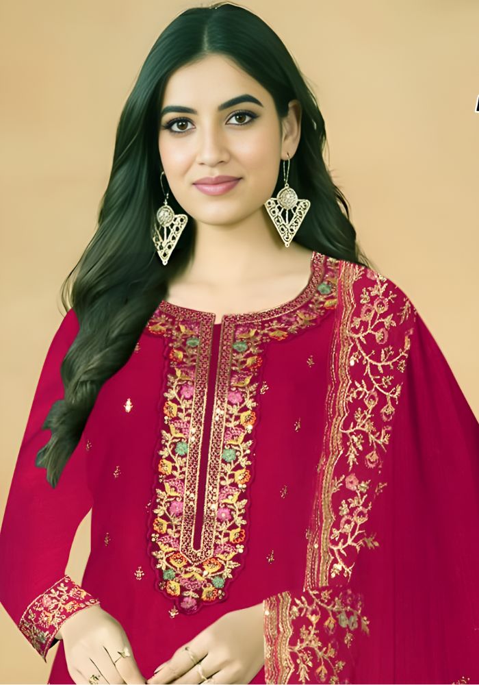 Embroidered Georgette Ceremonial Salwar Kameez Magenta Color - Image 2