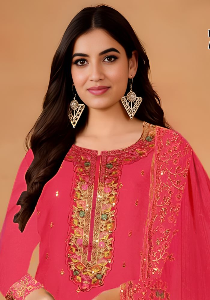 Embroidered Georgette Ceremonial Salwar Kameez Pink Color - Image 2