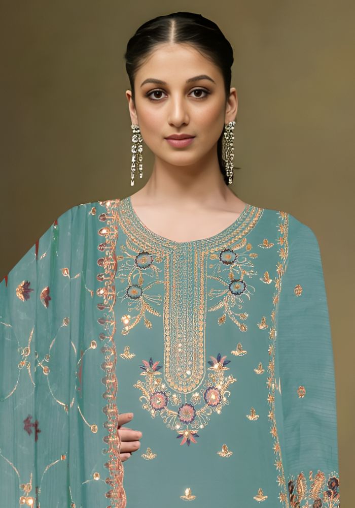 Exclusive Embroidered Three-Piece Sky Blue Color Sawar Kameez - Image 2